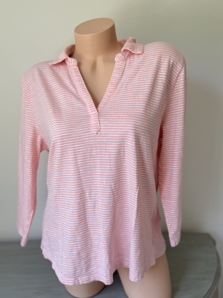 LANDS' END Top Tee Pink White Striped Collared Popover V-Neck 3/4 Sleeve L 14-16
