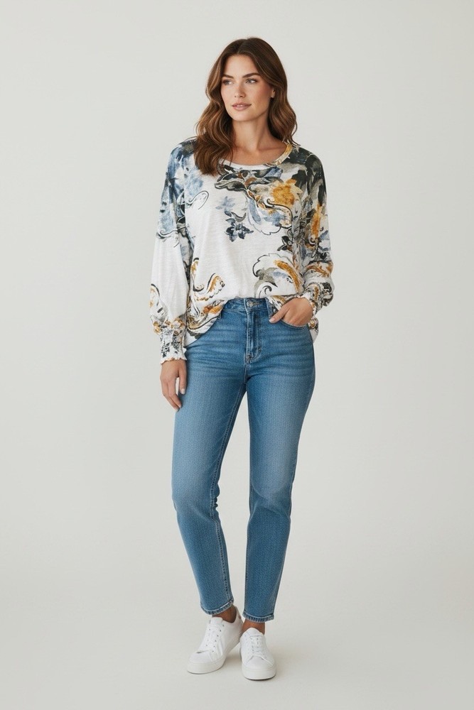 Chicos Women’s Size Large (2) Round Neck Floral Long Smocked Sleeve Tee