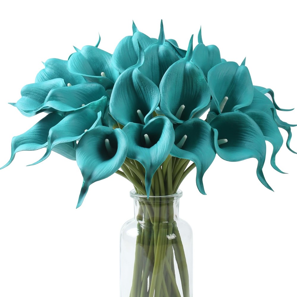 24 PCS Teal Fake Flowers Artificial Calla Lily Silk Flowers Real Touch for Mo...
