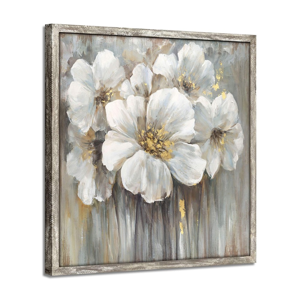 Floral Pictures Wooden Artwork Framed: White Lily Wall Art Botanical with Gol...