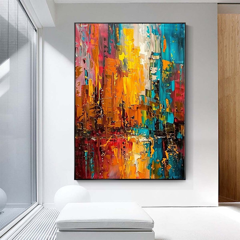 Hand-Painted Oil Painting on canvas Modern Orange Wall Art Abstract streetscape