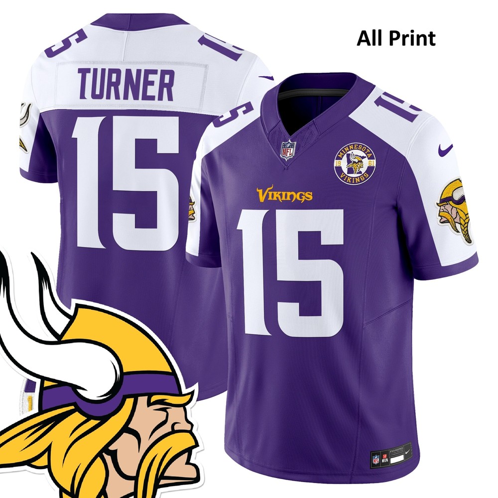Minnesota Vikings 2025 #15 Dallas Turner Football Jersey – All Print Options