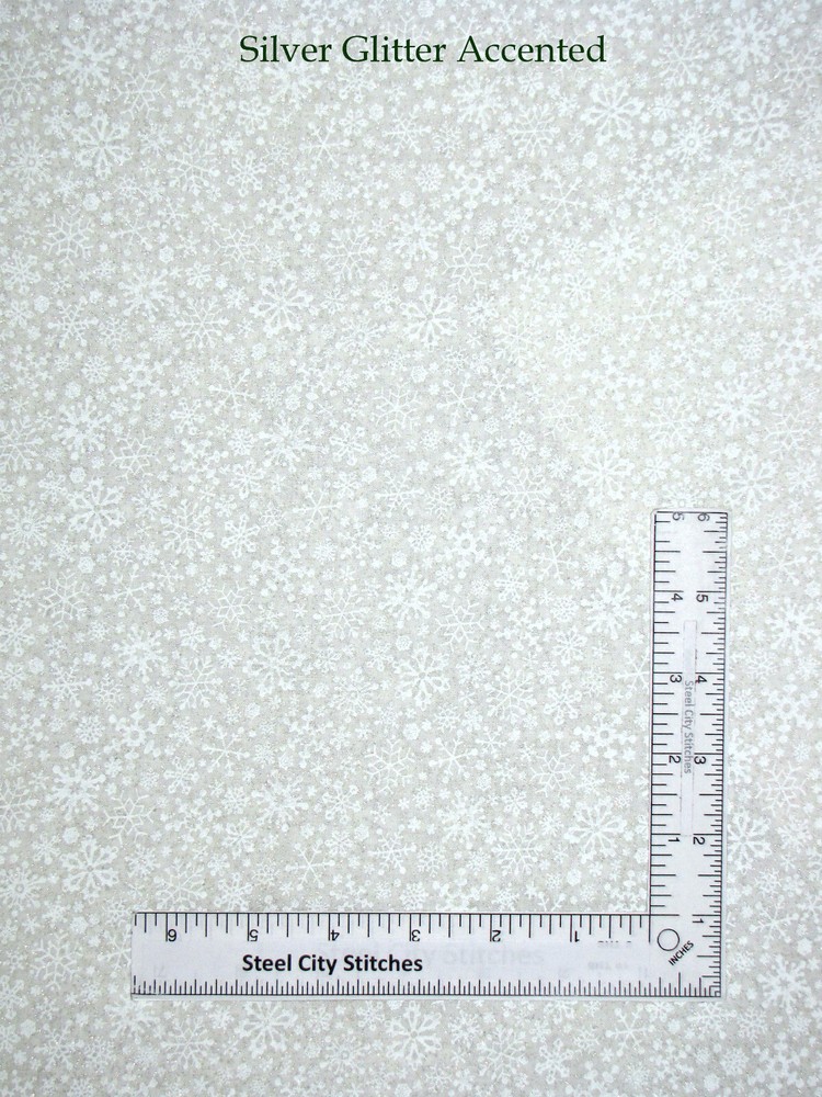 Christmas Snowflakes Fabric Silver Glitter Accent Cotton Snow Flakes By The Yard-image