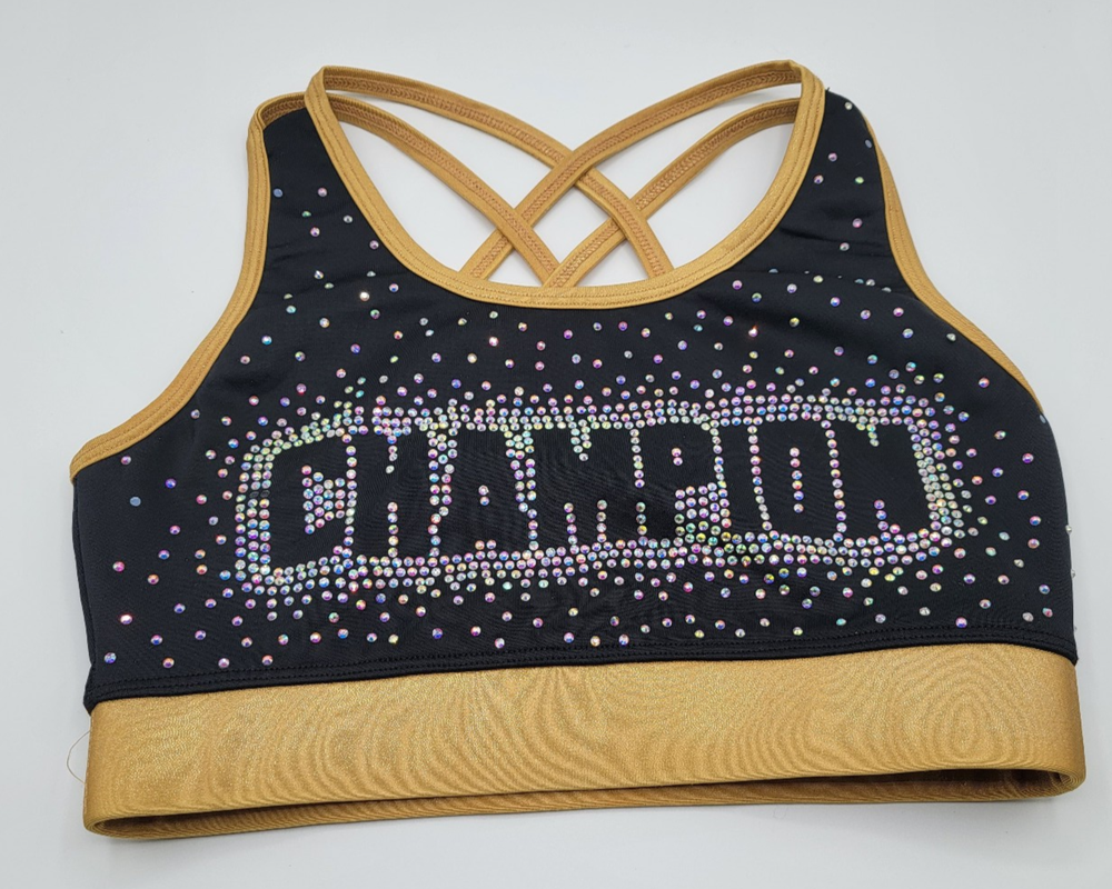 CHAMPION CHEER womens cheerleading dance sports bra black gold rhinestone BLING!