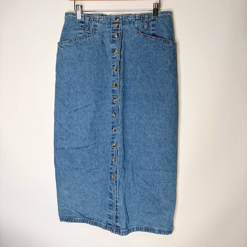 Vintage Denim Jean Skirt Midi Button Front Elastic Back Gloria V Women Size 14