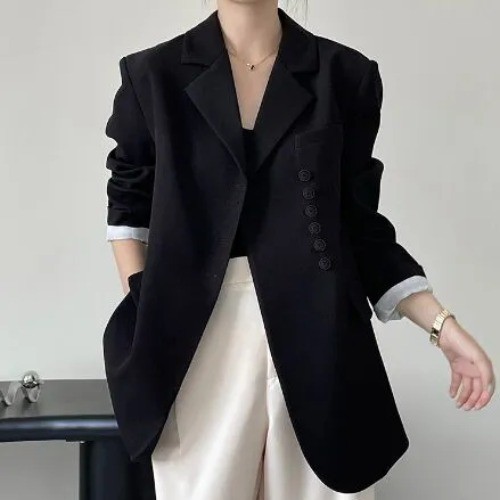 Women’s Diagonal Button Blazer Coat With Long Sleeve Loose Fit Lapel Suit Jacket
