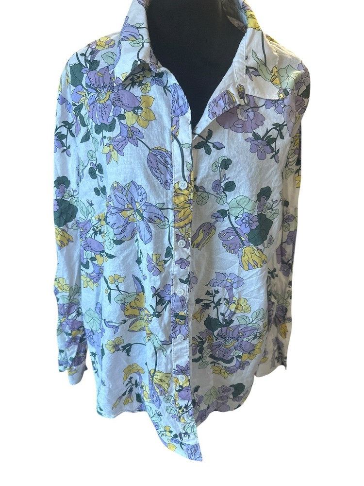 Liz Claiborne Floral Button Down 2X White Linen Cotton Blend Long Sleeve Blouse
