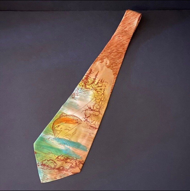 Rare Vintage Hand Painted Jacquard Rayon Fishing Tie D.A. Hahn Art Craft