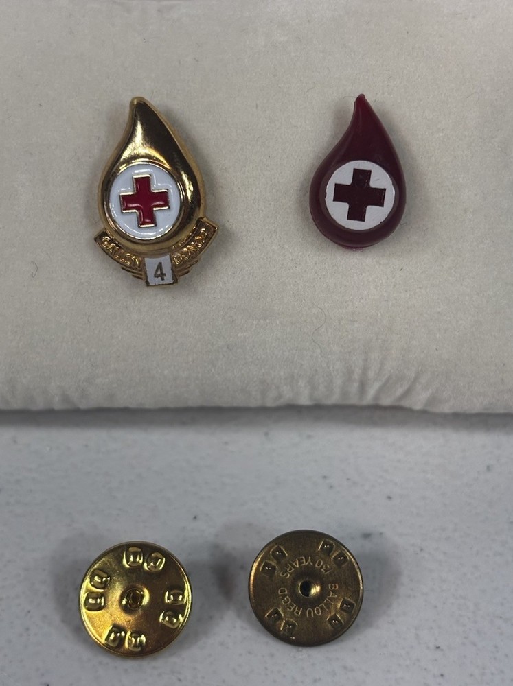 Gold Toned Metallic Red Cross  4 Gallon Blood Donor & Logo Lapel Pin