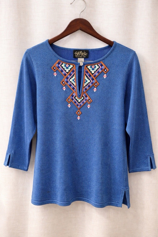 Bob Mackie Top Women L Blue Metallic Embroidered Southwest Tunic Art