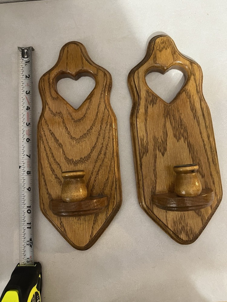Vintage Wooden Heart Cutout Candle Holder Sconce Wall Hanging Decor Pair