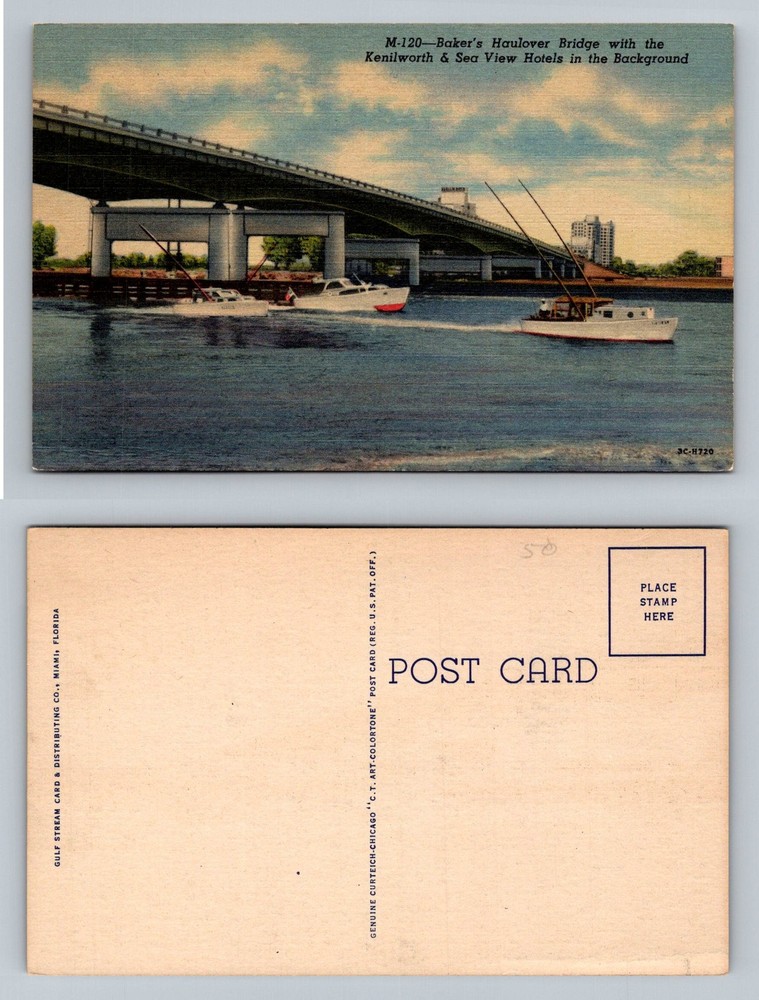 Miami, FL-Florida, Fishing Boats Under Baker's Haulover Bridge Vintage Postcard