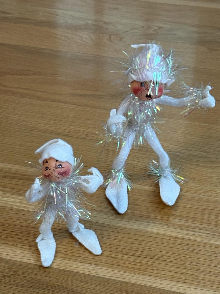 Vintage ANNALEE White Tinsel Elf Pixie Dolls White Iridescent Figurine Lot
