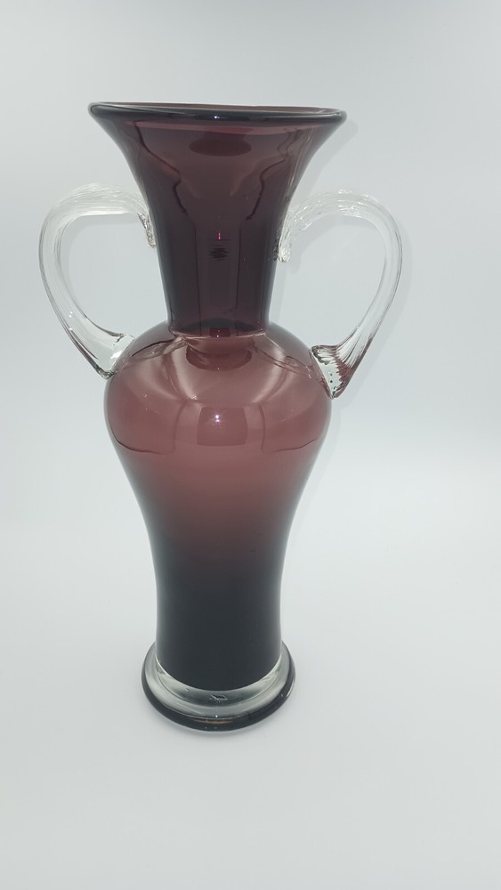 Vintage Purple Glass Flower Vase with Double Handles, Art Glass Trophy Vase, 12 5/8 Inches