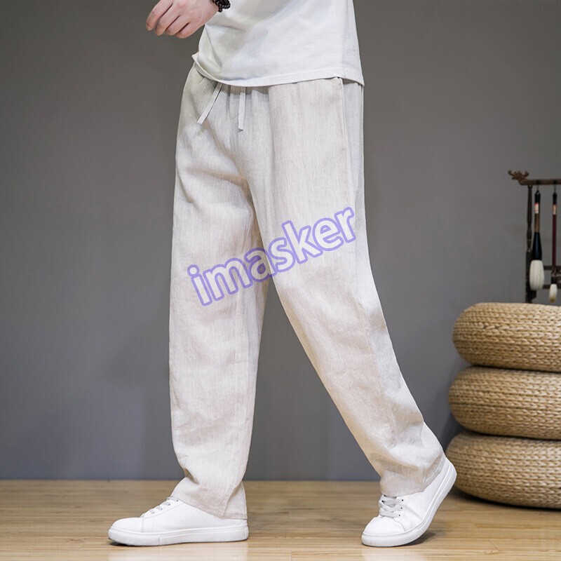100% Pure Linen Chinese Style Men's Summer Straight Loose Pants