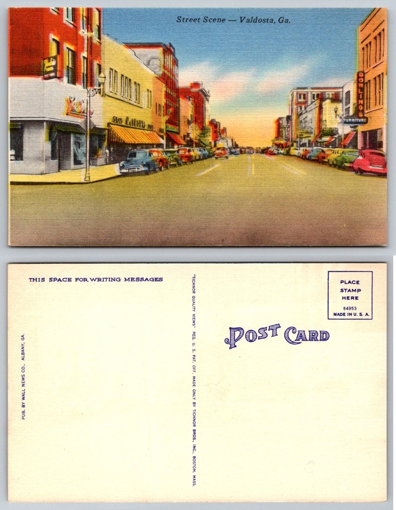 Vintage Valdosta GA Street Scene Linen Postcard 1940s Tichnor Bros Cars