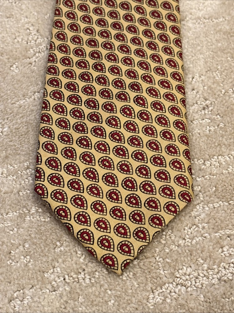 H STOCKTON Atlanta Made In England Silk Necktie Gold Crimson Red Paisley Look
