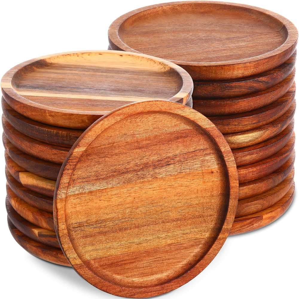 Acacia Wood Dinner Plates (6 Inch) - Lightweight, Unbreakable, Natural 20 Pcs-image