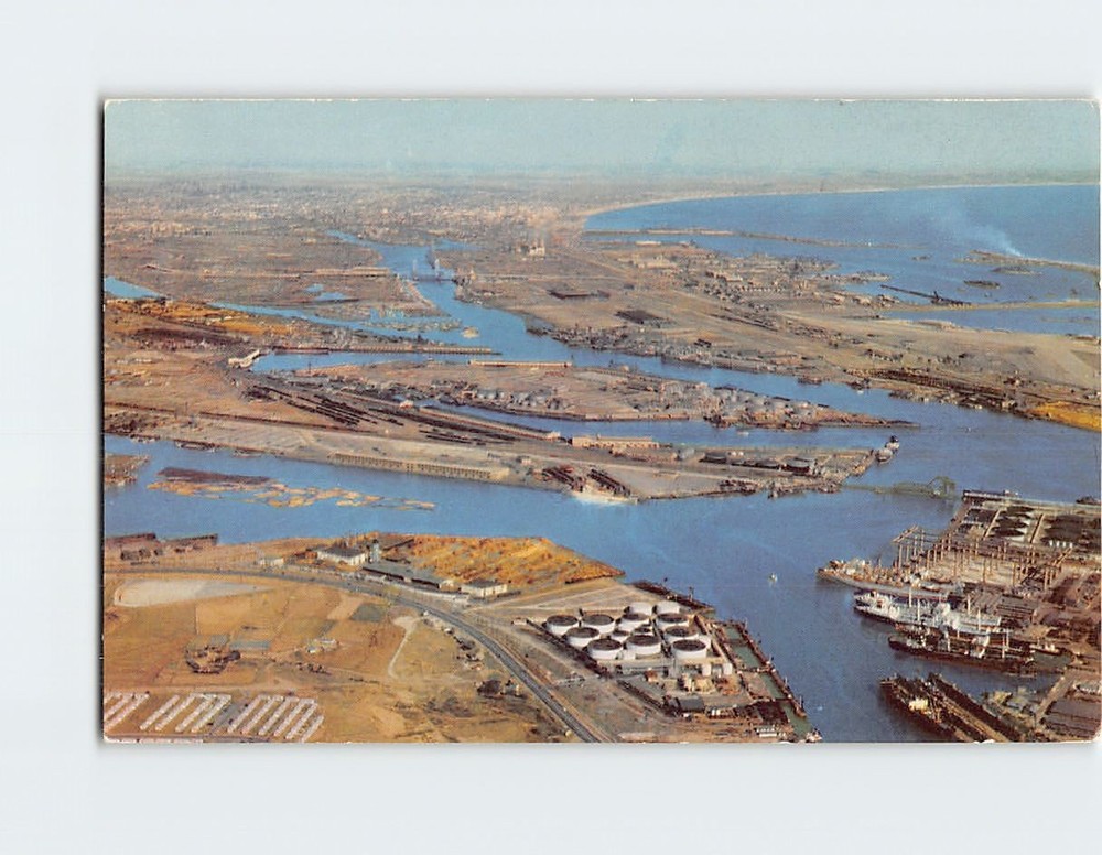Postcard Aerial View Los Angeles-Long Beach Harbor California USA