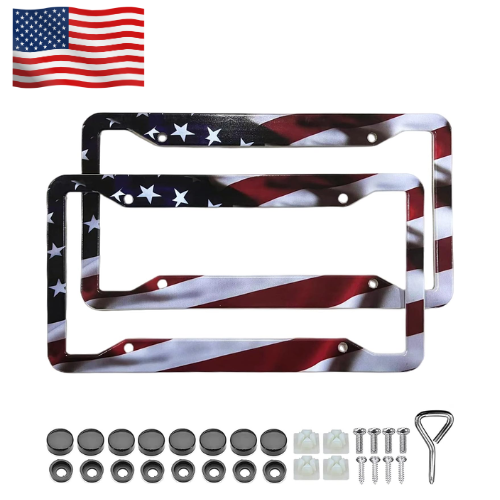 American Flag License Plate Frame Holder - 2 Pack Universal Aluminum Matte