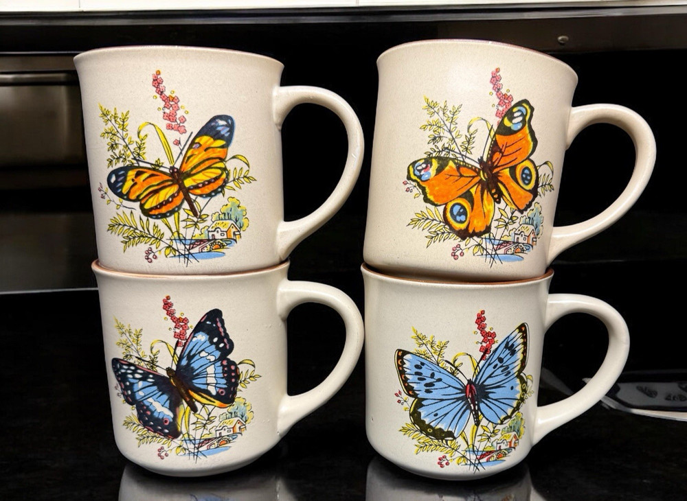 Vintage Set of 4 Butterfly Speckled Stoneware Coffee Mugs Cottage Granny Core