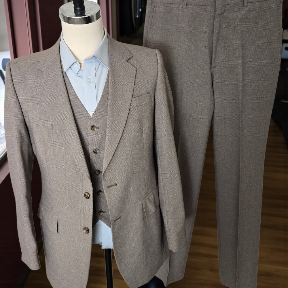 Vtg 1970s 3 Piece Suit 40L 33x32 Flare Leg Kuppenheimer Colorful Glenplaid Poly