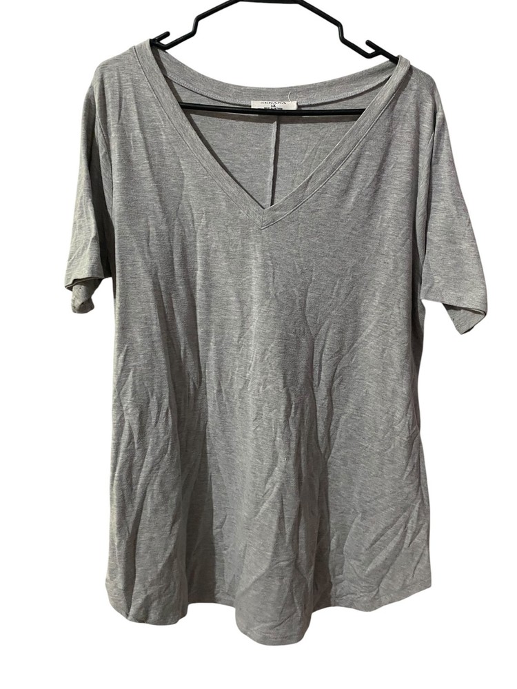 Zenana Womens 1X Gray V Neck Short Sleeve Tee Plus Size Casual Stretch Top