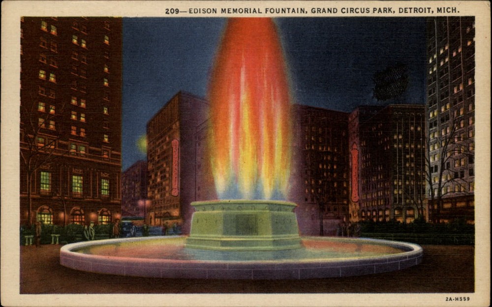 Edison Memorial Fountain Grand Circus Park Detroit MI night  dated 1953 postcard