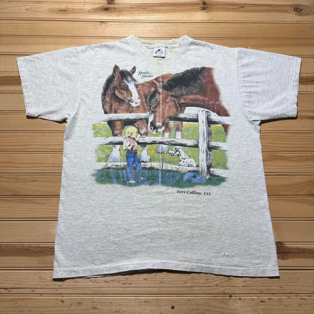 Vintage 1991 Gentle Giants Horses Farm Fort Collins Colorado T-Shirt USA - XL