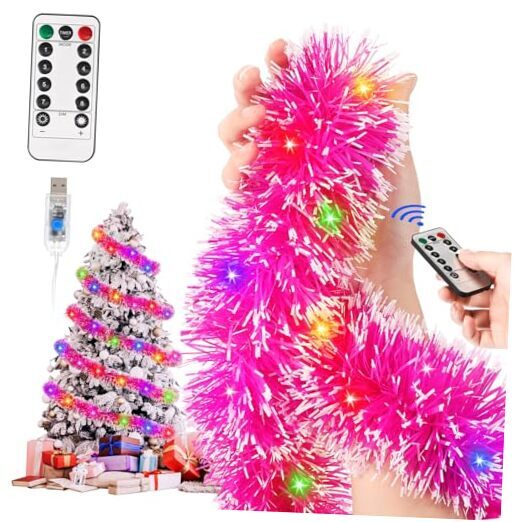 Pink Party Decorations 52FT Pink Tinsel Garland with LED Lights Pink Birthday