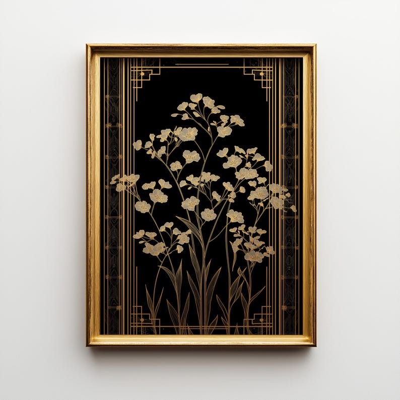 Art Deco Botanical Poster, Gold Floral Wall Art, Luxury Vintage Decor Print