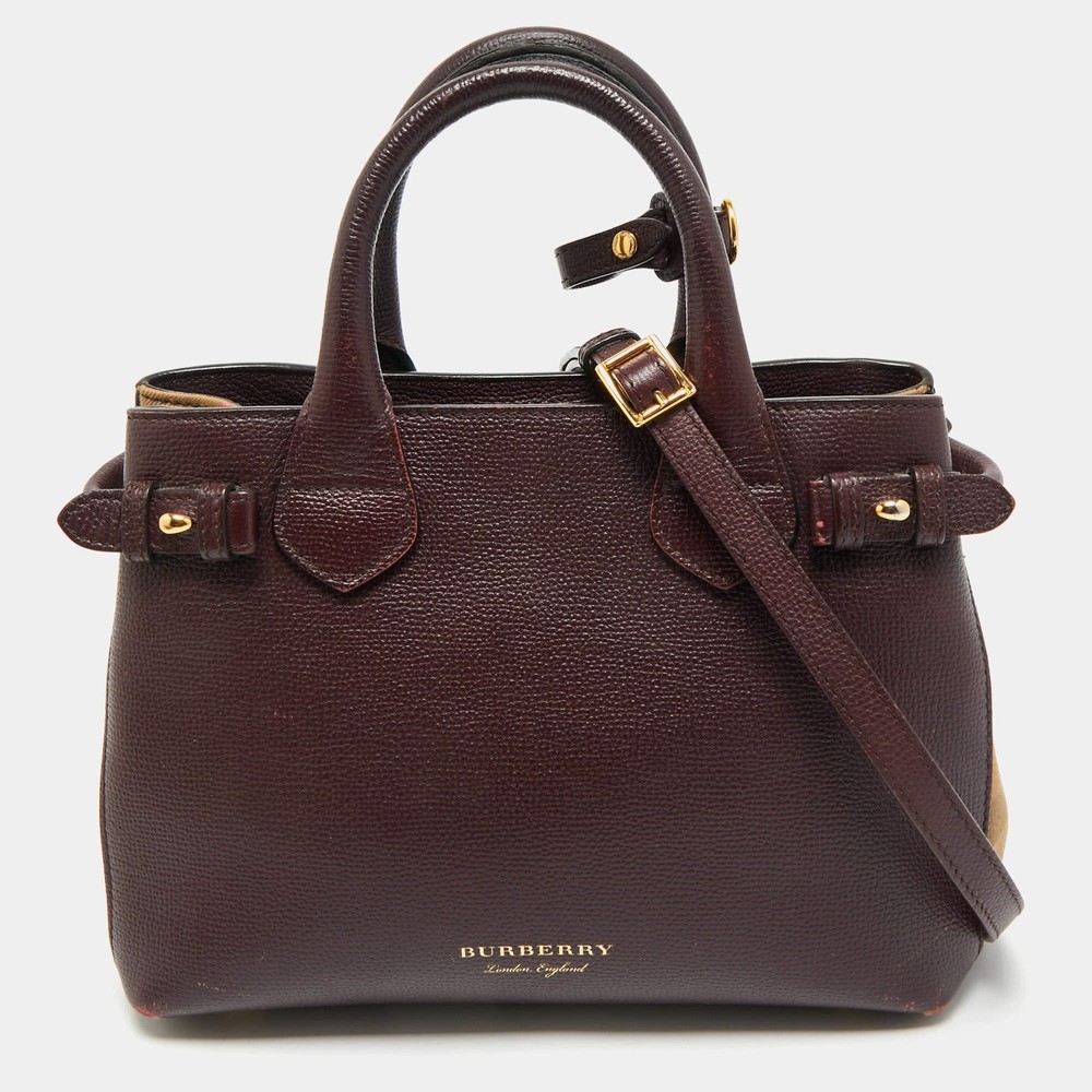 Burberry BurgundyBeige Leather and House Check Canvas Small Banner Tote