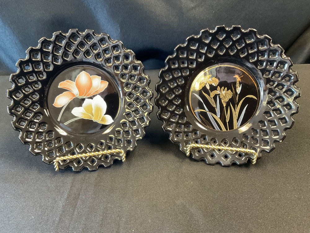 Black Amethyst Glass Decorative Plates Vintage