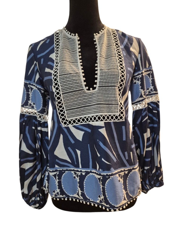 Alexis Ceila XS Blue Patterned Cotton Top $419 Geometric Tassels