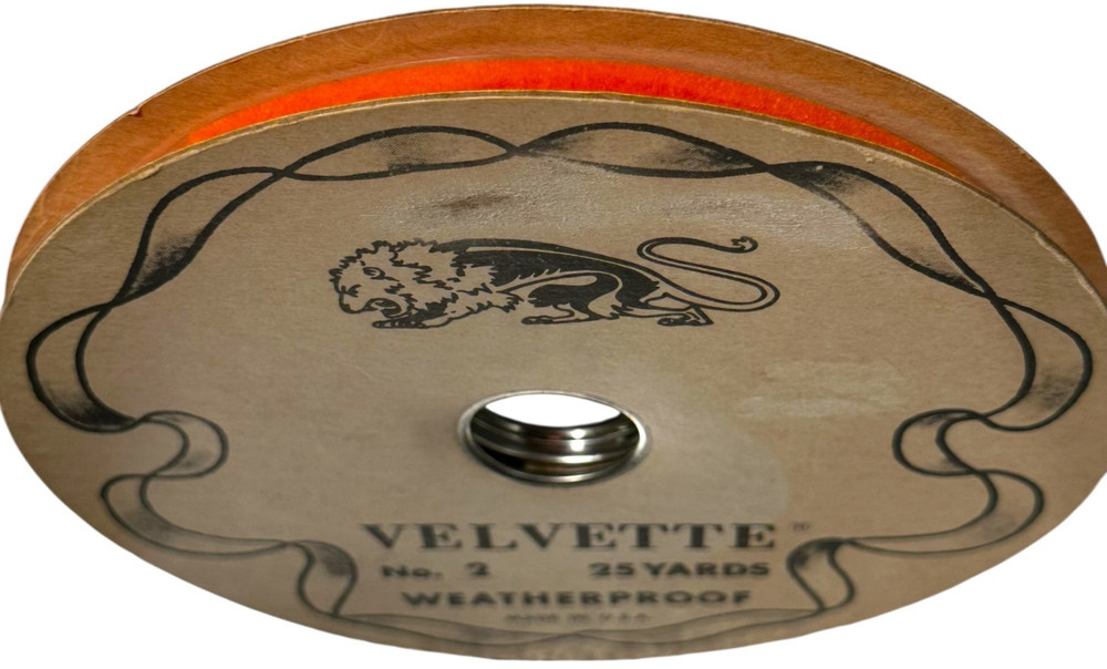 Vintage Velvette Ribbon Spool Weatherproof Orange Velvet 25 Yards USA Made No. 2