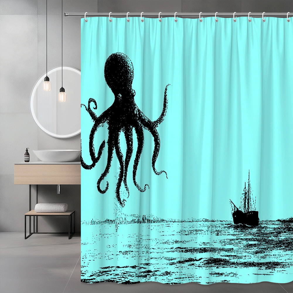 Octopus Sea Boat Print Shower Curtain Ocean Graphic