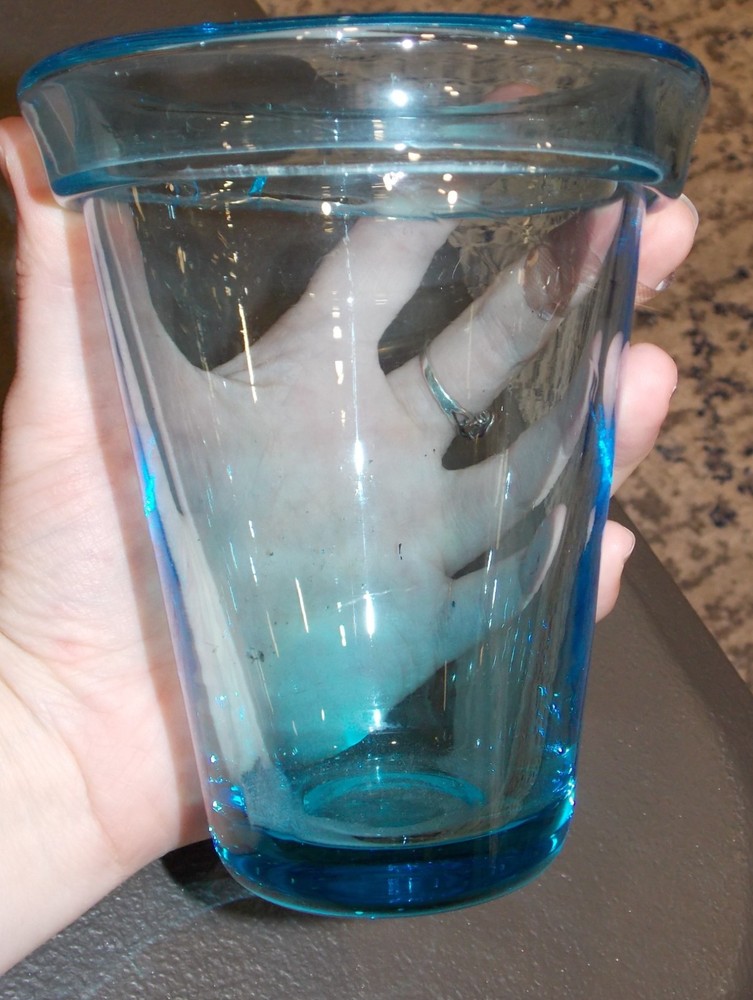 Vtg Handblown BLue Glass Cup Planter Vase Artisan Decor