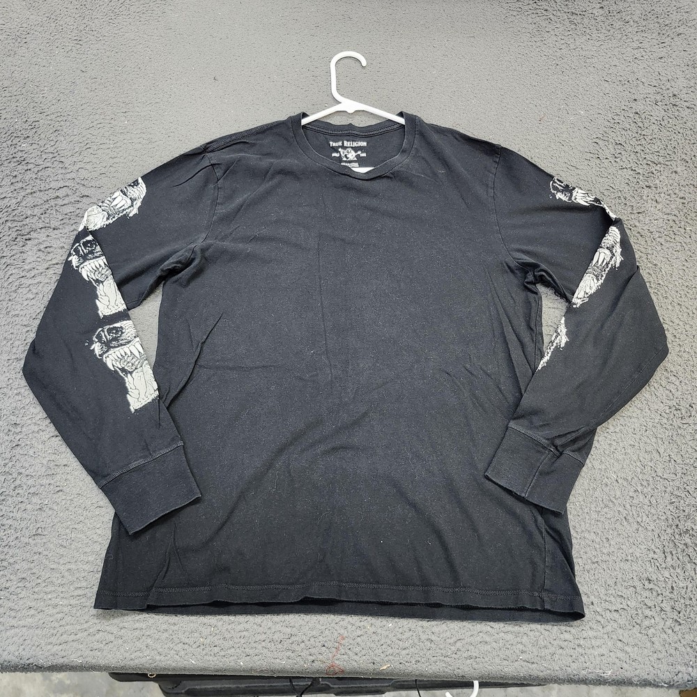 True Religion Shirt Mens Large Black World Tour Buddha Long Sleeve Graphic Tee