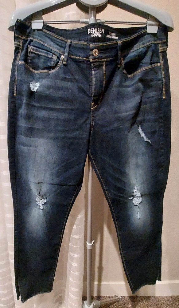 Levi's Denizen Jeans Women's Sz 16 Dark Wash Distressed Ankle Skinny Jeans