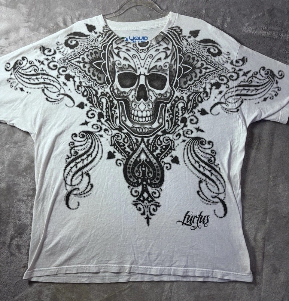 Liquid Blue Skull Graphic T Shirt Mens XXL White Gothic Biker Tattoo Y2K