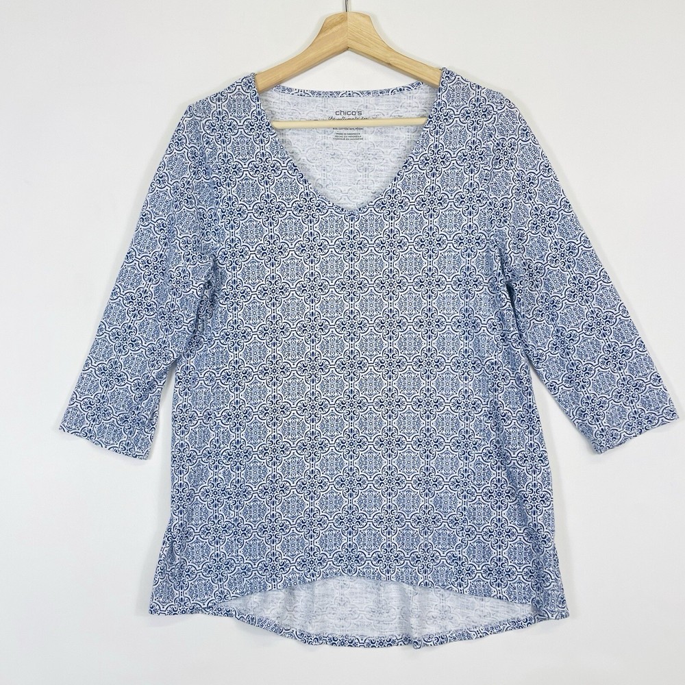 Chico's Blue White Mosaic 3/4 Sleeve V-Neck Ultimate Tee Top Women's 0 Small 4