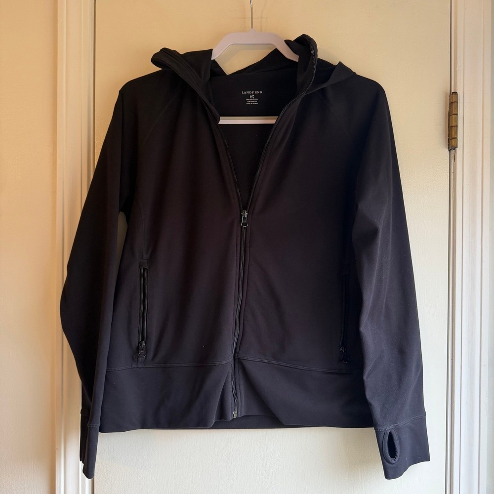Lands End Black Zip Up Hoodie Athletic Jacket Thumbholes Women's L P