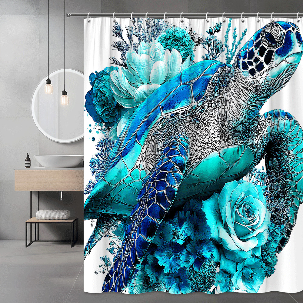 Blue Sea Turtle Floral Shower Curtain Ocean Bathroom Decor