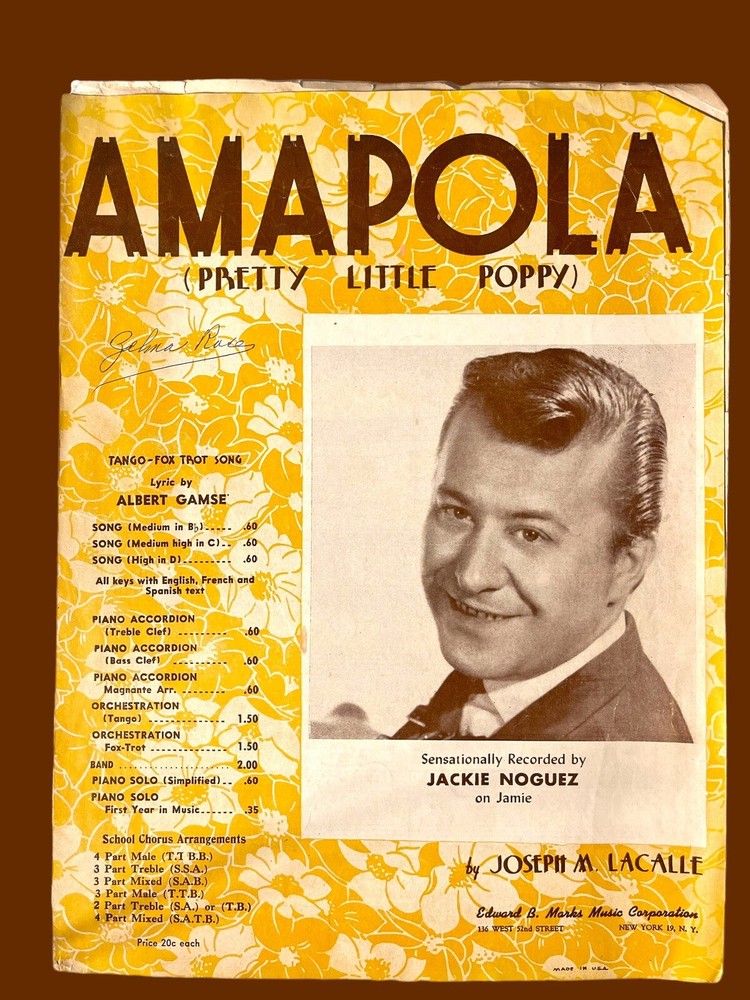 Amapola Pretty Little Poppy VTG Sheet Music English Spanish French Lyrics 1940