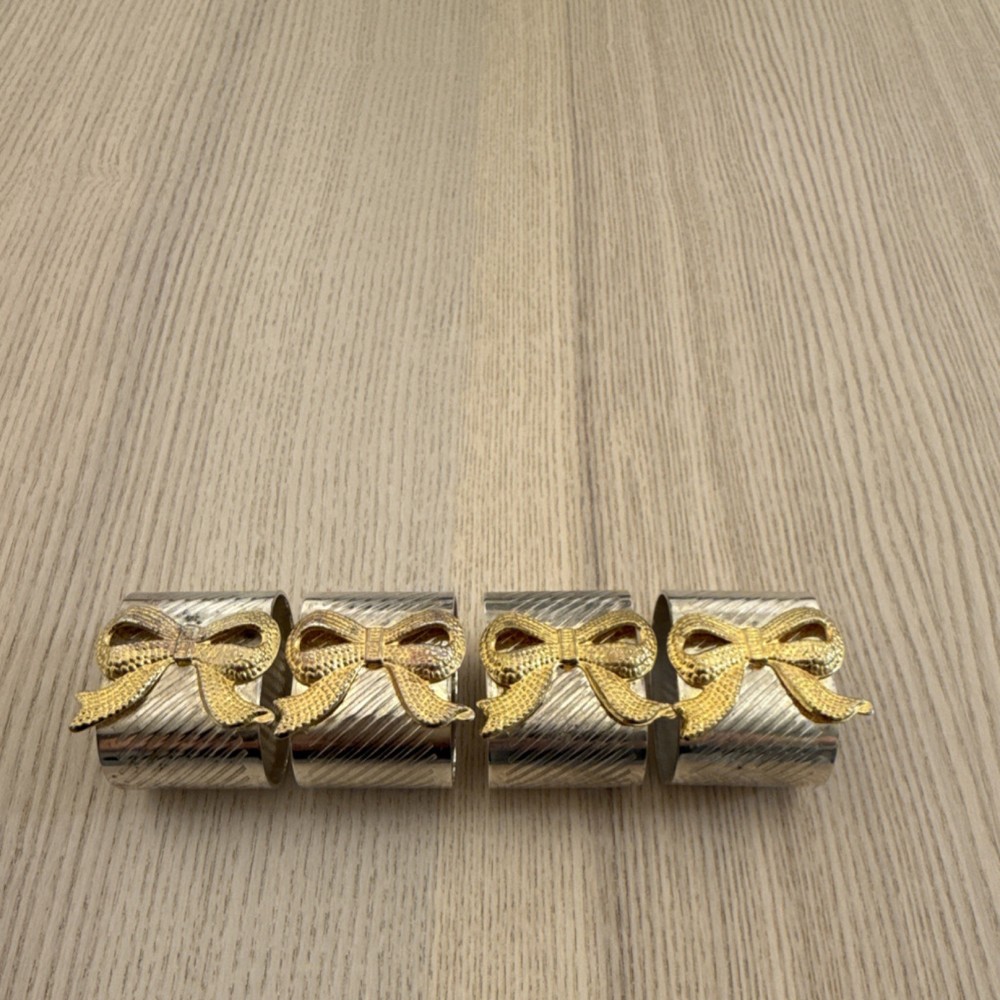 Set of 4 Silver Gold Metal Bow Napkin Rings Decorative Table Setting