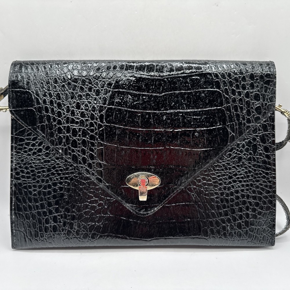 Vintage Black Leather Alligator Clutch Removable Strap Tradwife Costume Cocktail