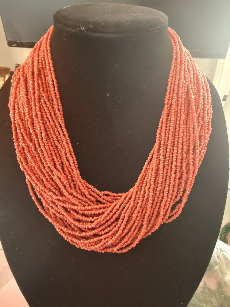VTG Konyak Naga Red Coral Glass Seed Beads Multi Strand Necklace