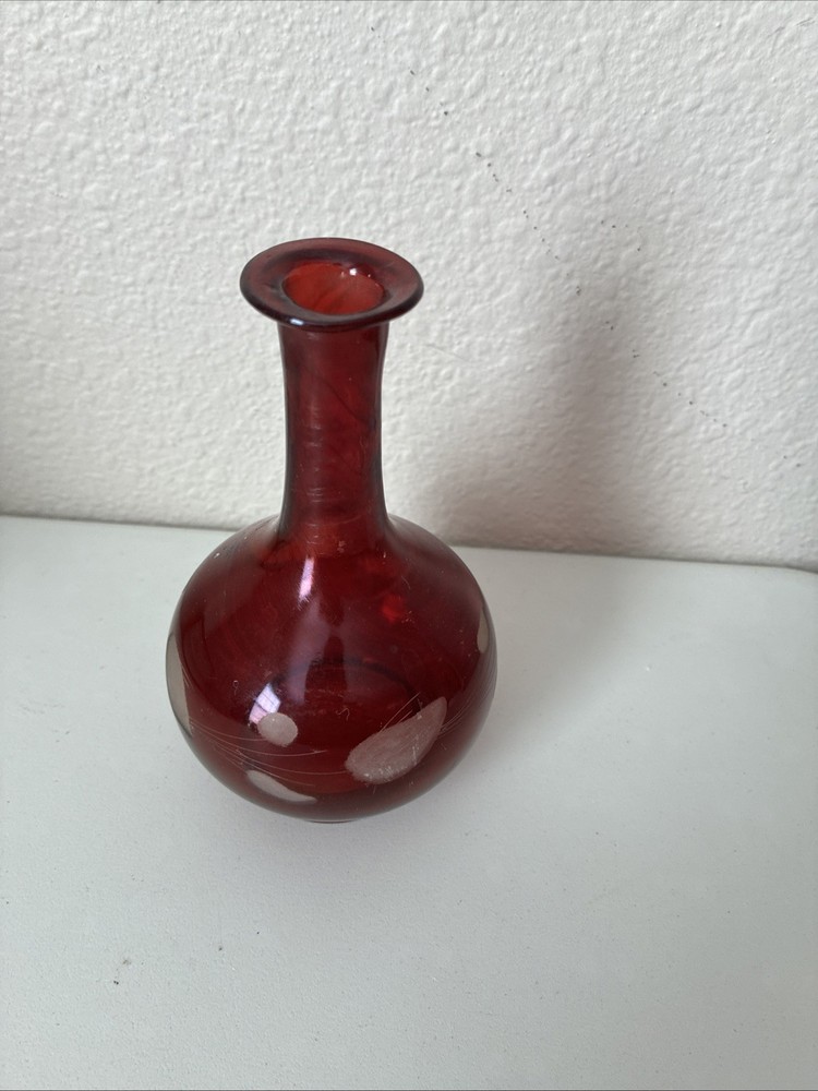 Vintage Bohemian Ruby Red Cut To Clear Glass Bud Vase 6 Inches