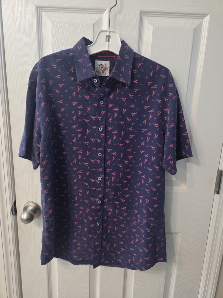 Marti Kat Novelty Lobster Print Short Sleeve Button Down Shirt Blue Pink Men XL