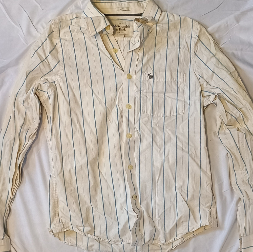 Abercrombie & Fitch Muscle Fit Striped Button-Up Shirt White Blue Long Sleeve L